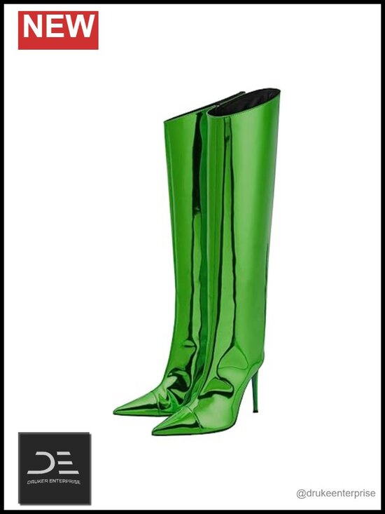 Shoes - Wide Calf Knee High Boots Women Stiletto Heel Metallic Leather Zipper